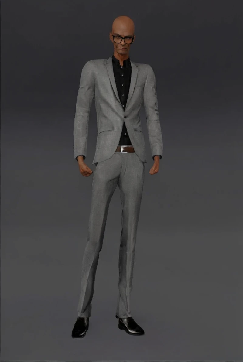 Old black bald skinny man realistic wearing suit and glasses realistic details.