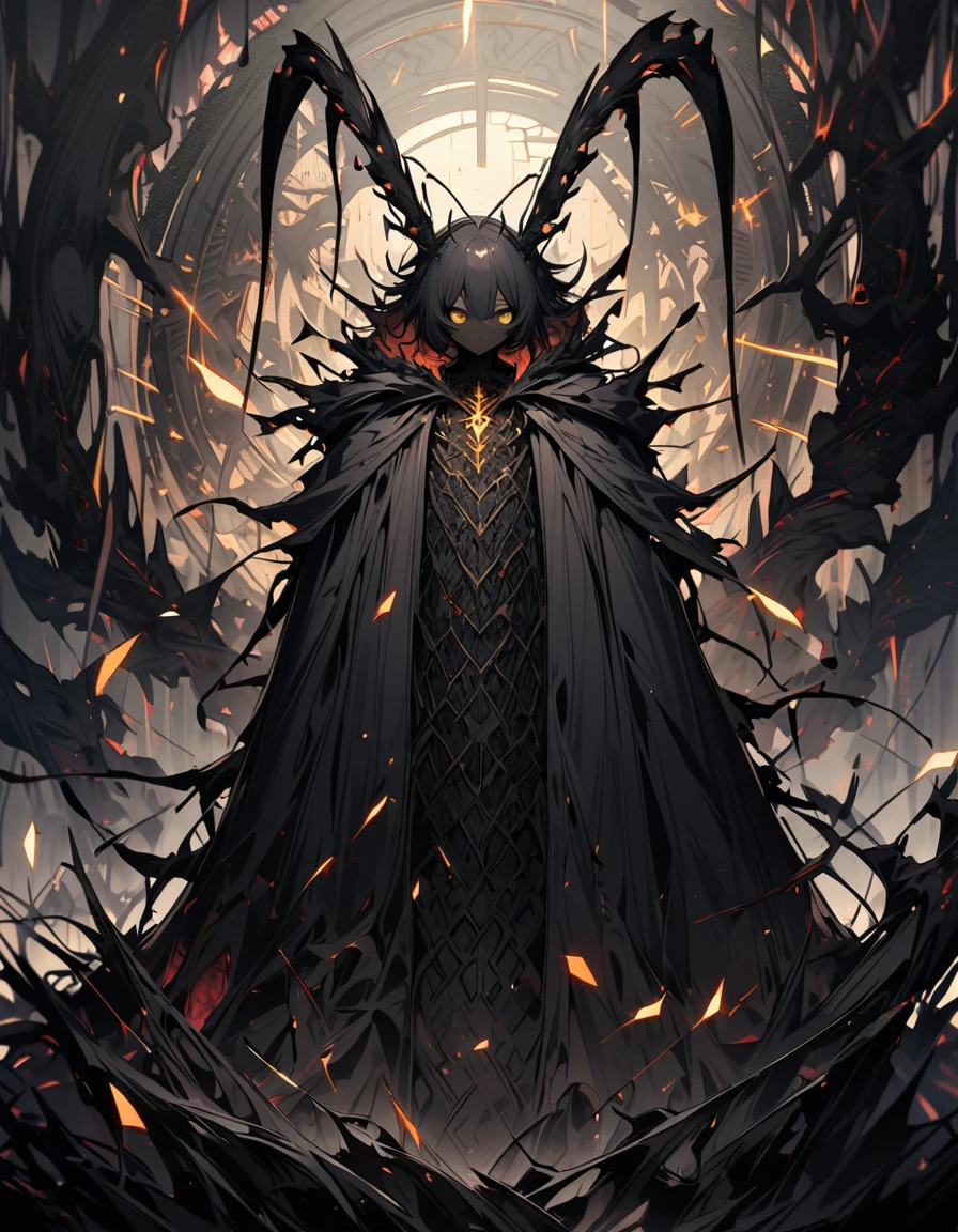 (dark art), gloomy insect girl, short stature, short, dark black skin, black skin, (insect antennaes), (black dividing lines on skin), long black hair, long scaly cloak, yellow eyes, articulated body, dark green and gray steel lighting, highly detailed art, extremely detailed background