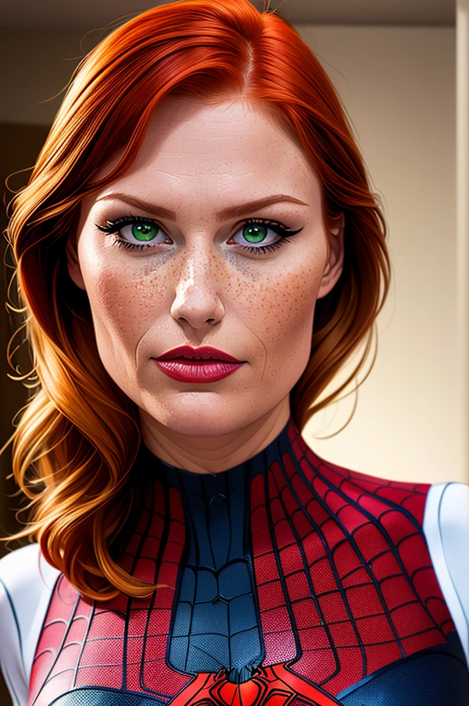 a close up shot of Mary Jane Watson (wearing a tight spider-man costume), (redhead, ginger, big green eyes), beautiful, gorgoues face, big pink lips, cheekbones, snokey eyes, freckled, sharp nose, jawline, skinny, slender, slim, ((ultra realistic)), (highly detailed face, big fake lips), beautiful lighting, smooth skin, bright image, bright colours, (hyperreal, realism), posing seductively