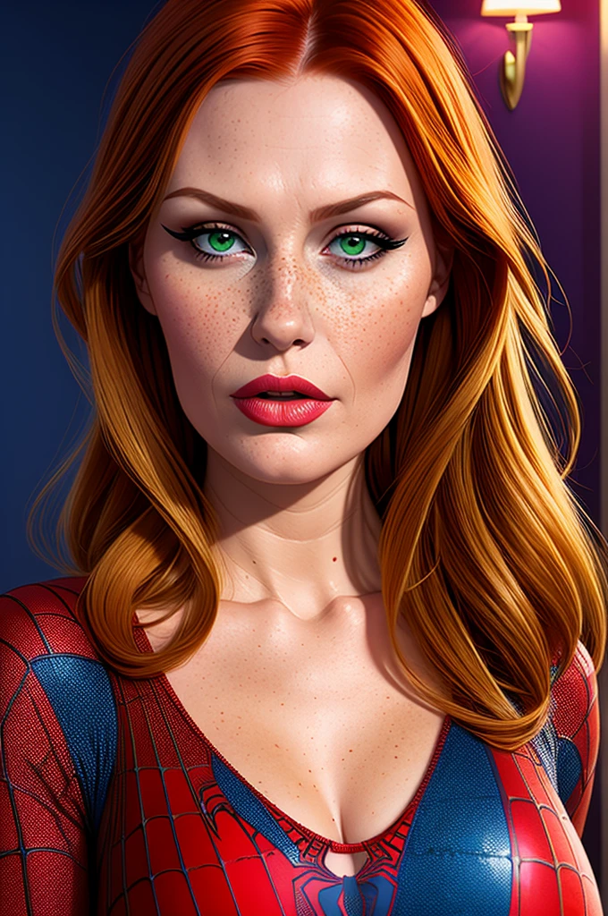 a close up shot of Mary Jane Watson (wearing a tight spider-man costume), (redhead, ginger, big green eyes), beautiful, gorgoues face, big pink lips, cheekbones, snokey eyes, freckled, sharp nose, jawline, skinny, slender, slim, ((ultra realistic)), (highly detailed face, big fake lips), beautiful lighting, smooth skin, bright image, bright colours, (hyperreal, realism), posing seductively