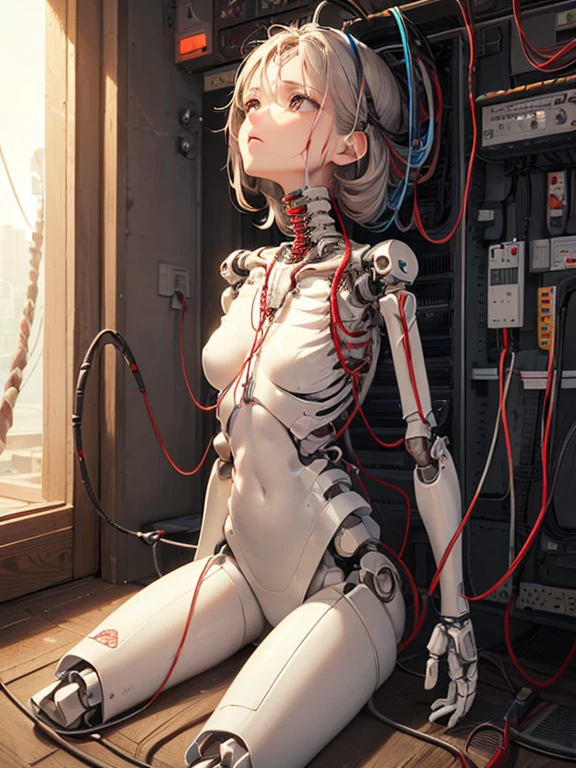 (((masterpiece))), (((Best Quality))), ((Ultra-detailed)), (Highly detailed CG illustrations), ((Very delicate and beautiful)), (Cute delicate face), Photosensitivity, ((1. Machine Girl)), only, whole body, (Machine made joints:1.4), ((Mechanical Limbs)), (Blood vessel attached to a tube), ((Mechanical vertebrae attached to the back)), ((Cervical vertebrae mechanically attached to the neck)), ((Sitting)), Expressionless, (Wires and cables attached to the head and body:1.5), (Character Focus), SF