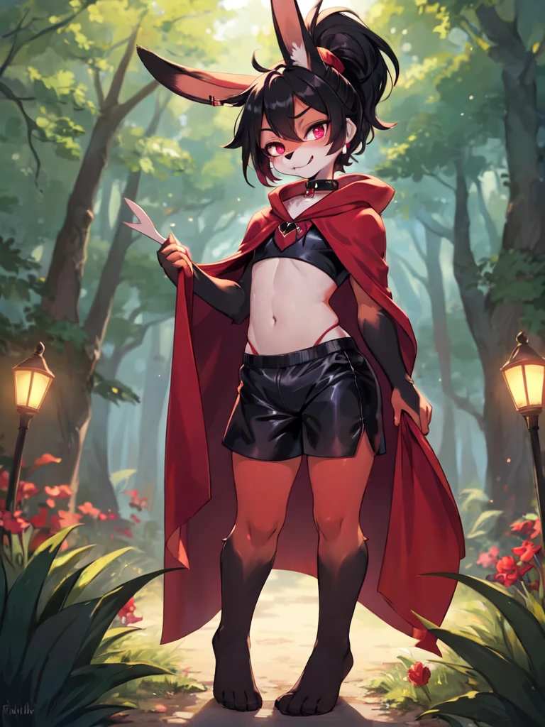 (furry:1.5), rabbit lip male, pink eyes, bunny nose, red skin, black hair, cute, ultra cute face, black hair, short hair ponytail, ears covered by hair, black hand, bunny feet, black feet, bare feet, (ultra detailed), (detailed fur:1.2), beautiful lights and shadows, sharp focus, looking at viewer, (body fur:1.2), (masterpiece), (Depth of Field), (detail), red hairpin, earrings, rubber collar, dolphin shorts, bulge, cloak, nude, with rich contrasting tones of black and red, normal body type, standing in the forest, light magic, girly act, ((solo, The only person))