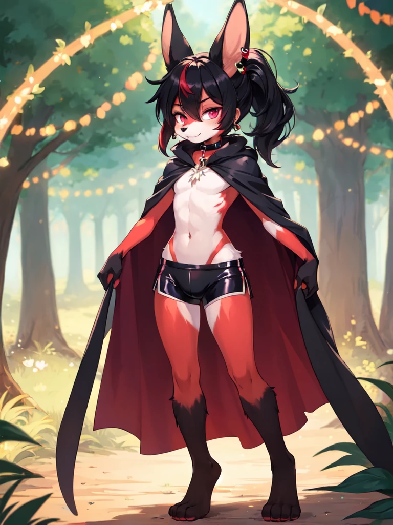 (furry:1.5), rabbit lip male, pink eyes, bunny nose, red skin, black hair, cute, ultra cute face, black hair, short hair ponytail, ears covered by hair, black hand, bunny feet, black feet, bare feet, (ultra detailed), (detailed fur:1.2), beautiful lights and shadows, sharp focus, looking at viewer, (body fur:1.2), (masterpiece), (Depth of Field), (detail), red hairpin, earrings, rubber collar, dolphin shorts, bulge, cloak, , with rich contrasting tones of black and red, normal body type, standing in the forest, light magic, girly act, ((solo, The only person))