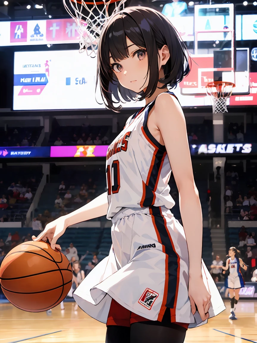 en una chica、divertido、vestido,(small breasts ) , Cabello negro corto, ojos negros, jugando al baloncesto, basketball score A women's basketball uniform, jersey azul marino ajustado sin mangas, rayas laterales blancas y doradas, white numbers with gold outline, pantalones cortos azul marino a juego, rayas laterales en pantalones cortos, logotipo del equipo en pantalones cortos, serious