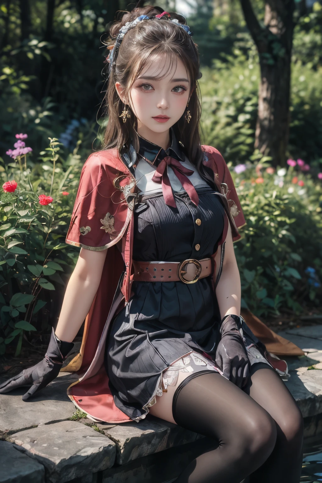 water，masterpiece,best quality,high resolution,Extremely detailed,Elena,have,Long hair,curls,Pink Eyes,earrings,cape,dress,Short sleeve,Gloves,belt,skirt,Black pantyhose,boots,Wind lift,blush,(Make it embarrassing:1.2),outdoor,garden,