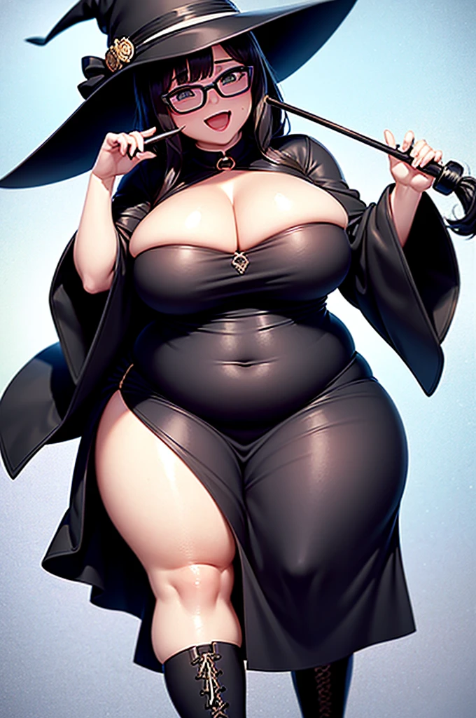 最high quality, high quality, 8k、High resolution,Highest quality、solo、Open Mouth Smile、A fat girl in black clothes with a black hat and glasses, Frivolous anime witch casting a spell, A strong and plump female magician, Black boots, chic, Anime Moe Art Style, Cute Witch, I also make fan art, Sky Witch