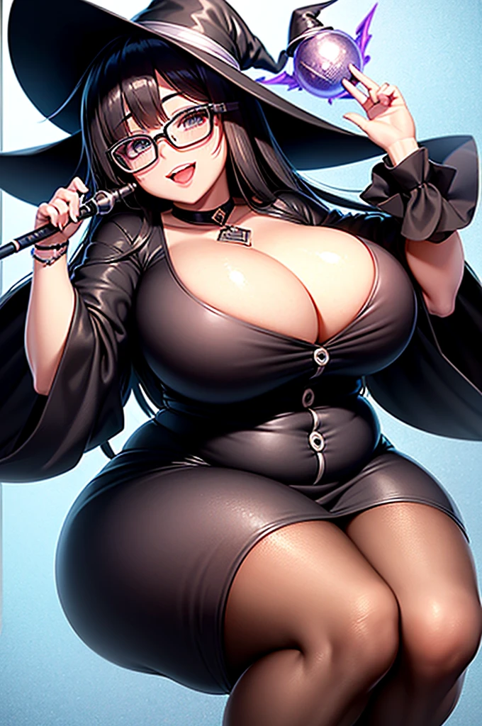最high quality, high quality, 8k、High resolution,Highest quality、solo、Open Mouth Smile、A fat girl in black clothes with a black hat and glasses, Frivolous anime witch casting a spell, A strong and plump female magician, Black boots, chic, Anime Moe Art Style, Cute Witch, I also make fan art, Sky Witch