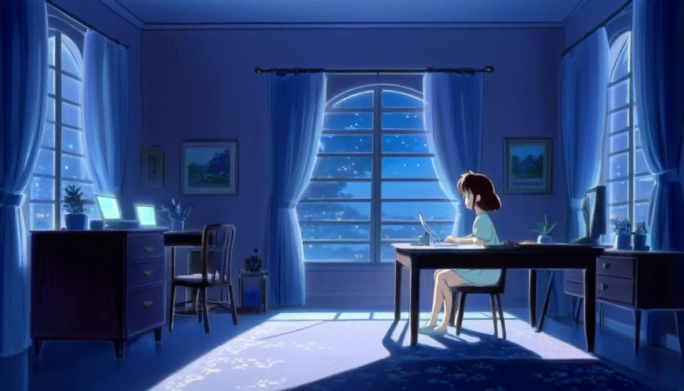 Ghibli style, A girl studying alone at a desk, Night view from the room, A dreamy look outside the window, Cute girl in anime style, Relax in your room, A room filled with warm light