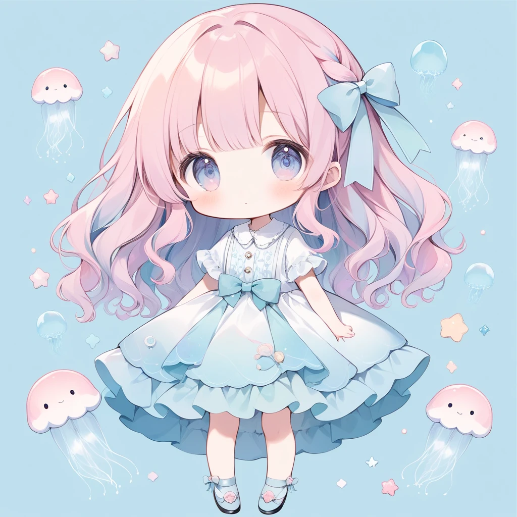 pastel colour, Little, One girl、Girl with jellyfish motif、Puffy skirt、race、fluffy、Wavy Hair、Expressionless、Young、very cute、Hair Ribbon、Full body illustration、Cute illustrations