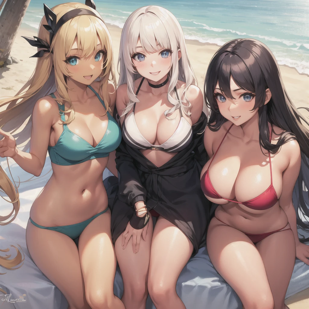 Realistic, 3 beautiful Japanese gals, Selfie, Face Enhancement, Face Zoom, Big smile, Long blonde hair, Wavy Hair, Dark Skin, Beach, bikini, Looking up from below