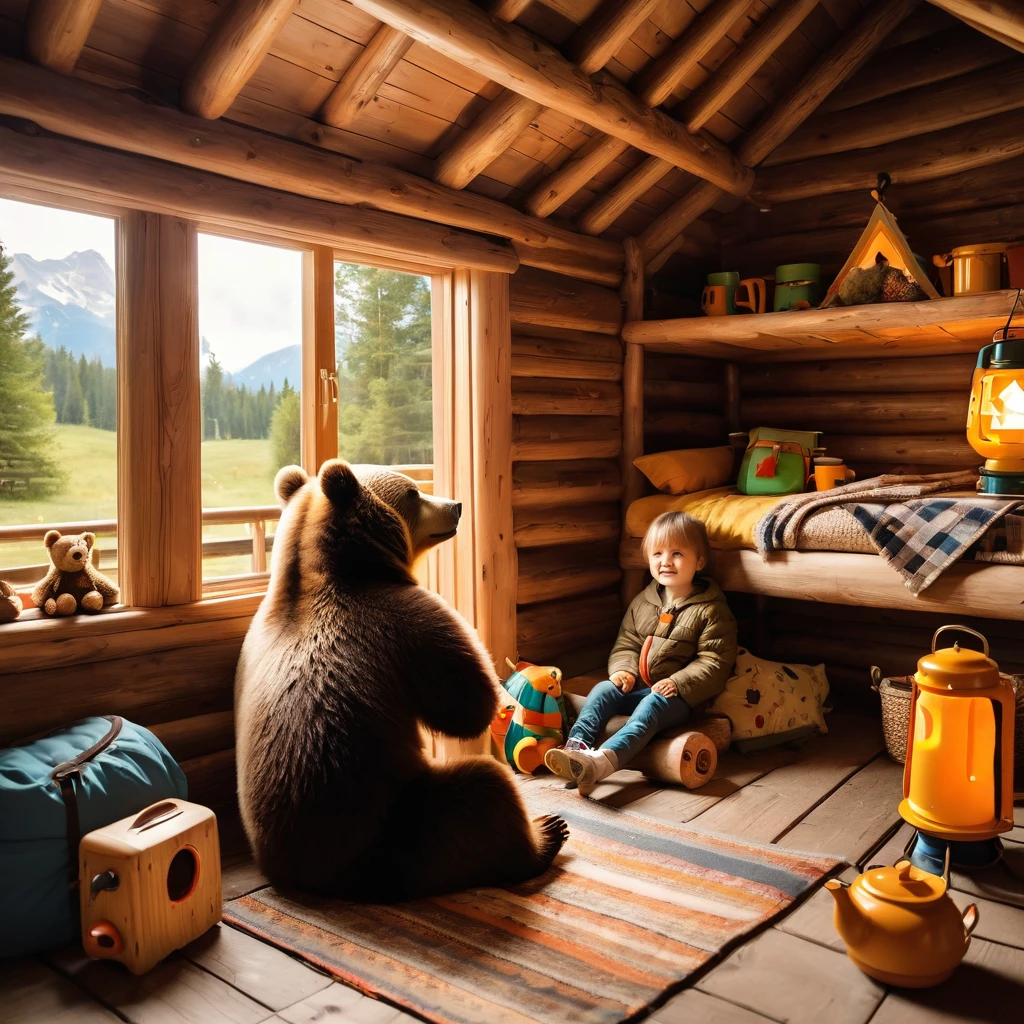 A bear is camping, with a child, In the wooden house