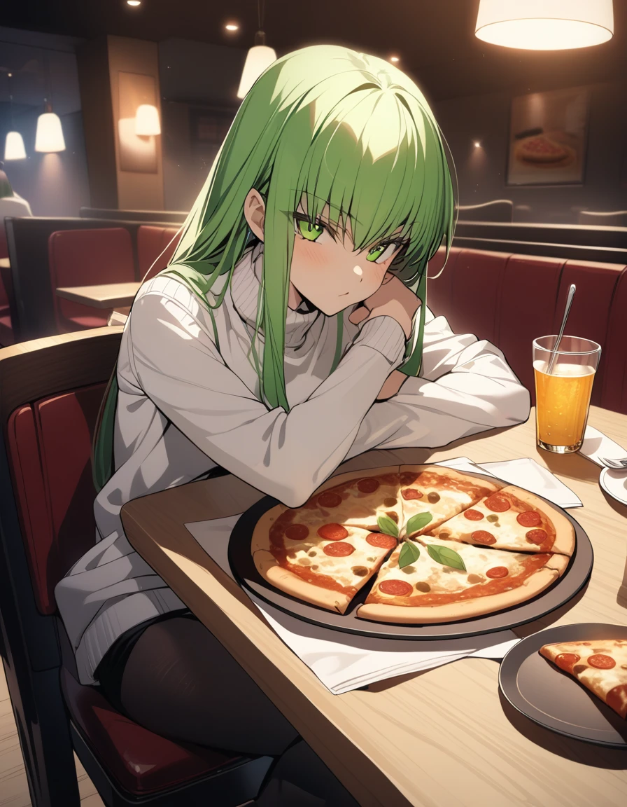 One girl, c.c., Code Geass, White shirt, Long sleeve, turtleneck, Sitting, View your viewers, eat, pizza, dish, fork, knife, table, Chair, table, restaurant, Movie angle, Cinema Lighting, masterpiece, Highest quality