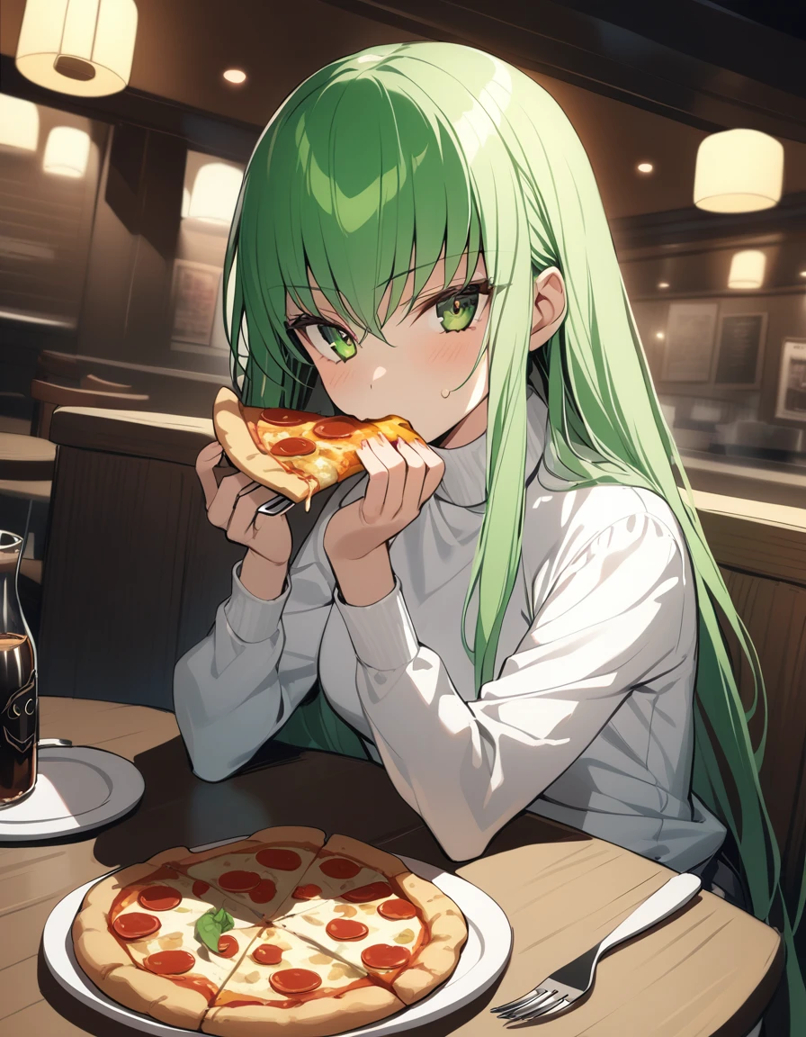One girl, c.c., Code Geass, White shirt, Long sleeve, turtleneck, Sitting, View your viewers, eat, pizza, dish, fork, knife, table, Chair, table, restaurant, Movie angle, Cinema Lighting, masterpiece, Highest quality