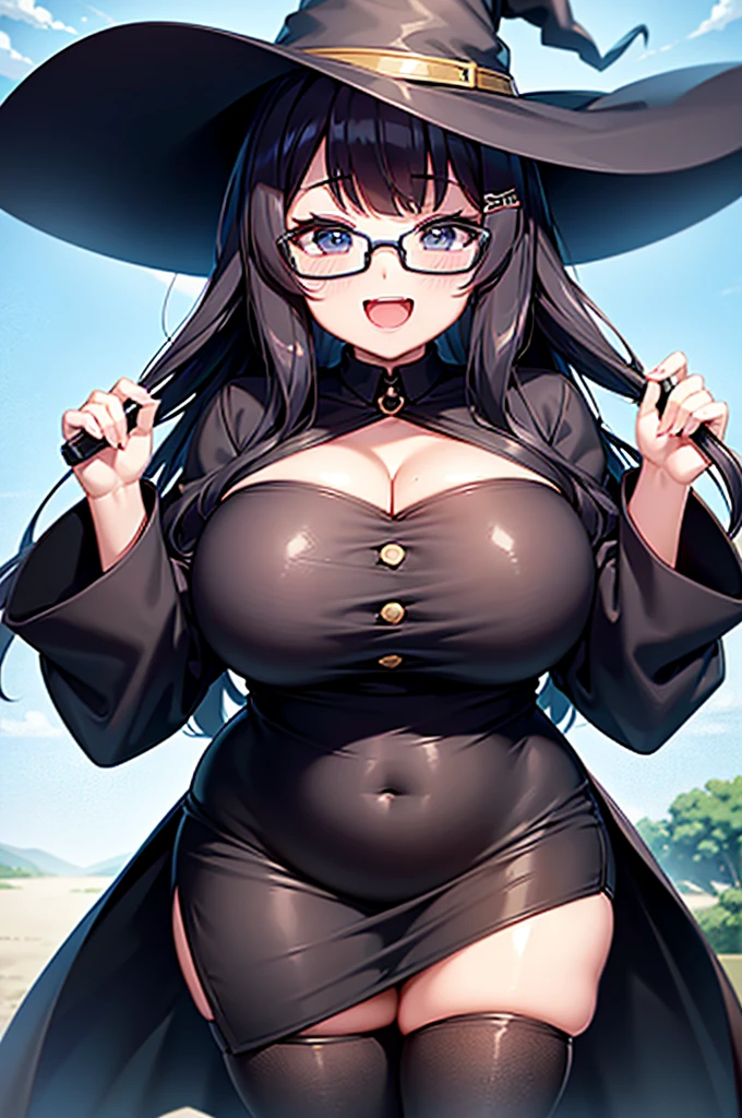 最high quality, high quality, 8k、High resolution,Highest quality、solo、Open Mouth Smile、A fat girl in black clothes with a black hat and glasses, Frivolous anime witch casting a spell, A strong and plump female magician, Black boots, chic, Anime Moe Art Style, Cute Witch, I also make fan art, Sky Witch