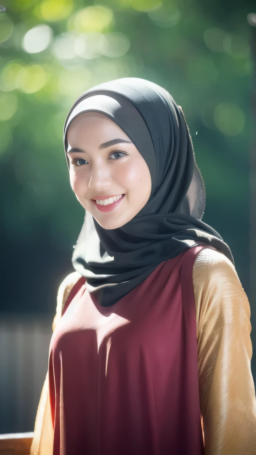 (iu:0.8). RAW, Best quality, high resolution, (((Masterpiece: 1.3))), shy, watery eyes, lip watery, lip glossy, open mouth, a young girl, Malay, (((hijab))), (((Malaysia baju kurung))), school girl, blue eyes, backpack, detail skin, detail skin texture, mole below eyes, (((small breast))), slim abs, beautiful body, laughing, happy, bright lighting, college student scene, blur background, full body picture, rules of third, vibrant color grading, light leaks, starbursts, epic fantasy, High quality, best image quality, 8K, High resolution, masterpiece, (((whole body photos))), Realistic human body in every detail, Realistic skin in every detail, Realistic face in every detail, Realistic eyes down to the details, Realistic lips in every detail, Realistic teeth in every detail, Realistic ears down to the last detail, Realistic hair down to the last detail, Realistic arms down to the last detail, Realistic reproduction of every detail, Realistic fingers in every detail, (fine hands, thumb1reference4), Realistic feet in every detail, Realistic feet in every detail, Realistic breasts down to the last detail