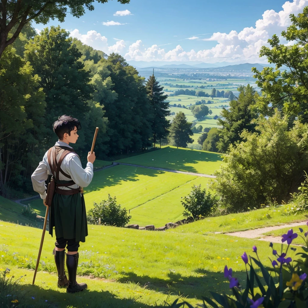 In a green meadow stands black hair boy holding stick of wooden with medieval farmer outfit
BREAK
Behind him, a green forest stretches out and beyond that, medieval city in the distance.