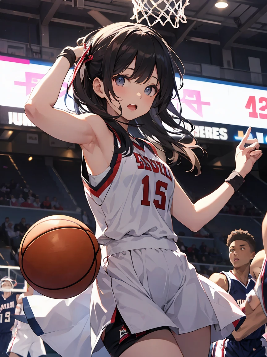 en una chica、divertido、vestido,（small breasts ) , Cabello negro corto, ojos negros, jugando al baloncesto, basketball score A women&#39;s basketball uniform, jersey azul marino ajustado sin mangas, rayas laterales blancas y doradas, white numbers with gold outline, pantalones cortos azul marino a juego, rayas laterales en pantalones cortos, logotipo del equipo en pantalones cortos, serious