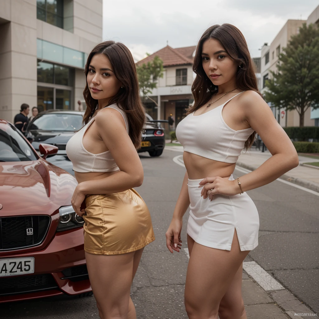 1 She has a very square and very chubby face, Square face,  Looking at the viewer, jewelry, Realistic , y short skirt outfit, standing next to a supercar, posing freely
