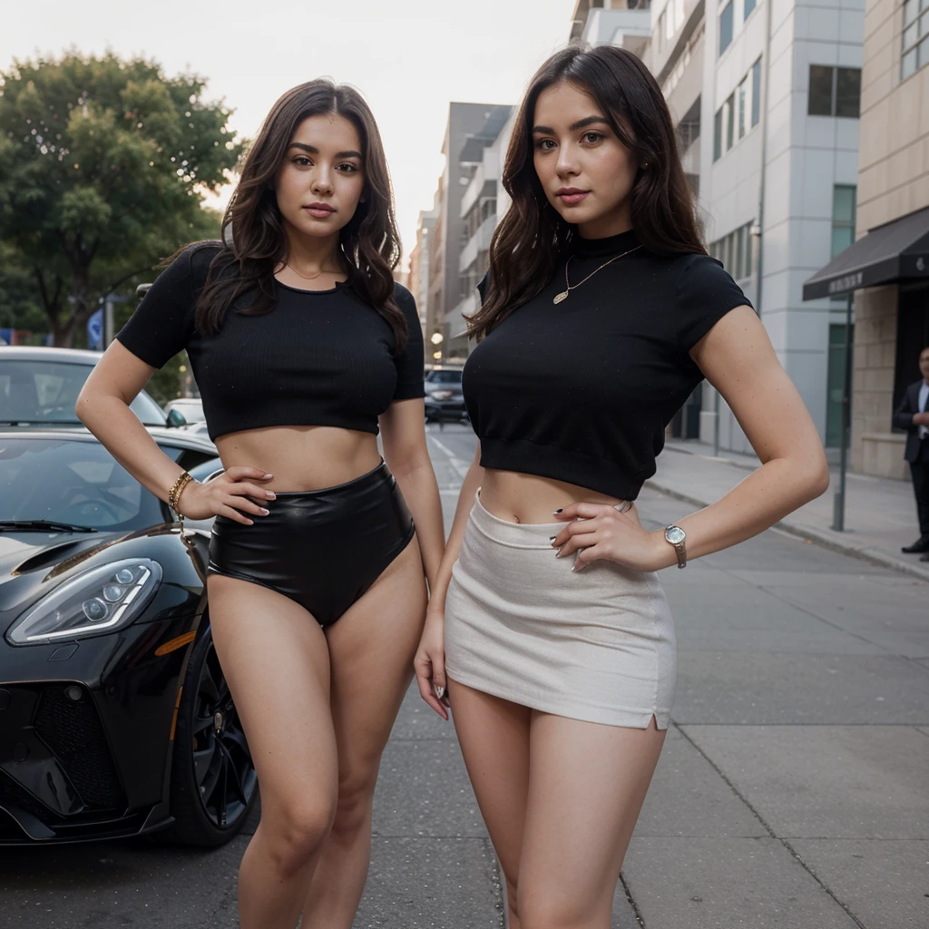 1 She has a very square and very chubby face, Square face, Looking at the viewer, jewelry, Realistic , sexy short skirt outfit, standing next to a supercar, posing freely