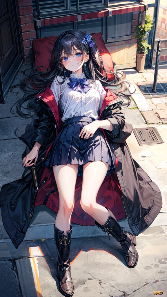 (Best quality, 8k, 32k, Masterpiece, UHD,:1.2),RAW, 1girl, ultra cute , natural lighting,transparent shining eyes, 20yo,medium breast ,fair complexion ,flushed face, Brave and Elegant, Short Skirt and jacket, long boot, Katana on back, in Old destoryed city background, prespective, character in center, perfect composition,