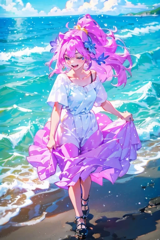 1girl,solo,cute,hold a glass,Fizzy Soda,lots of bubbles,pink and yellow and blue,bright background,water splashes,in the beach,brilliant sea