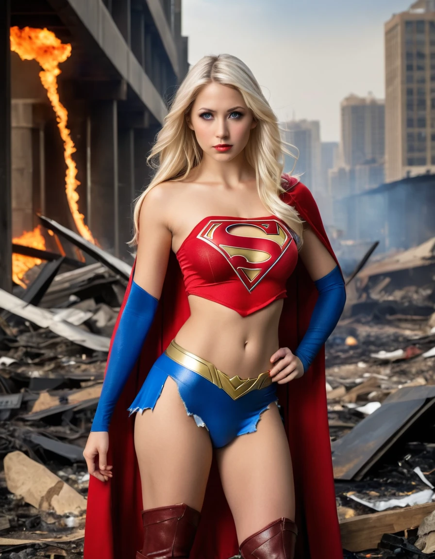 very attractive caucasian 25 year old girl with long platinum blonde hair, Hyper realistic, 1woman, Beautiful 25 year old woman wearing a skimpy scandalous two-piece Supergirl cosplay costume, fully character, supergirl, supergirl emblem, heroic expression, sexy, bue eyes, red cape, supergirl boots, costume looks like its been destroyed as if in battle, nearly naked, torn costume, costume is in tatters with lots of holes and tears in it, lots of skin showing, lots of cleavage visible, torn clothes, background is post-apocalyptic metropolis, nsfw, high quality, lots of holes in blue supergirl tube top, lots of holes in red bikini supergirl bottom, mostly naked, (Torn Clothes:1.75), (Burned Clothes:1.5), DSLR, hyper realistic photography