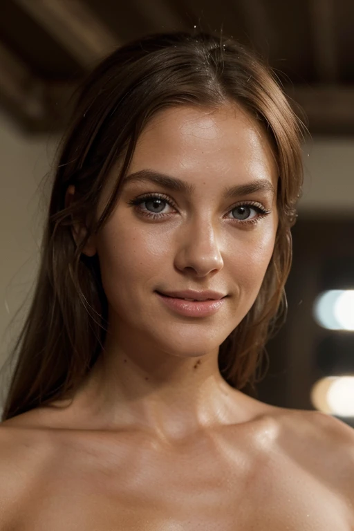 woman 27 years old, blonde, perfektes Gesicht, Meisterwerk, realistisches Aussehen, sportliche figur, 175cm tall, light tanned skin, realistische haut, charming smile, braune haare, svenska, evening, sommer, 105mm focus length, dunkle braune augen, big eyes, Beautiful eyelashes, natural makeup, very happy, laughing, oral invitation, happy, hair one side up, happy, hair pulled back, hair one side up, cinematic lighting, depth of field, atmospheric perspective, anatomically correct, super detail, high details, high quality, award winning, highres, accurate, retina