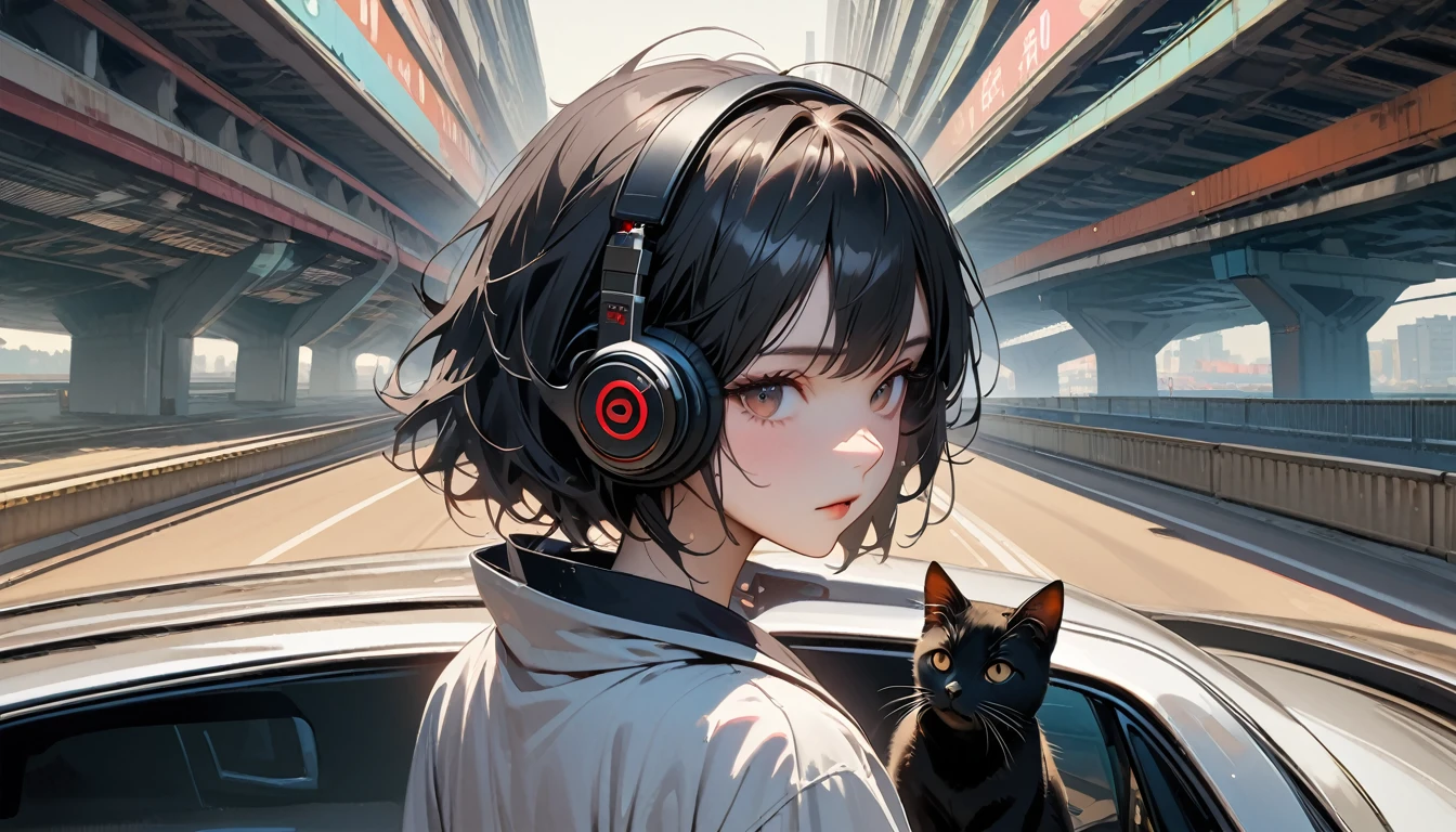 ((8k of extremely detailed CG unit, Masterpiece, high resolution, highest quality, highest quality real texture skin)), (((car))), (((Expressway))), (((Japanese style headphones))), (((from behind))), (((1 black cat))), ((1 girl)), (Black hair, messy hair, beige skin), (Surreal, digital painting)