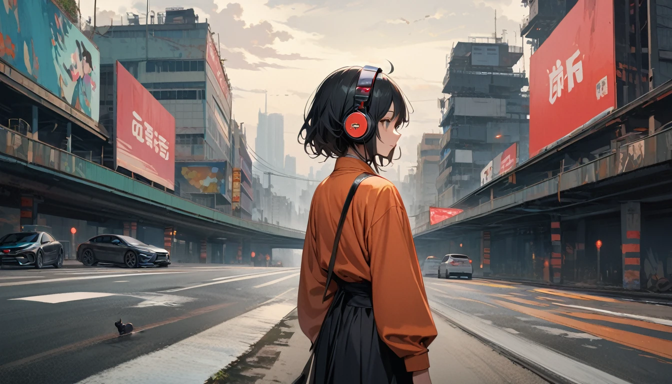 ((8k of extremely detailed CG unit, Masterpiece, high resolution, highest quality, highest quality real texture skin)), (((car))), (((Expressway))), (((Japanese style headphones))), (((from behind))), (((1 black cat))), ((1 girl)), (Black hair, messy hair, beige skin), (Surreal, digital painting)