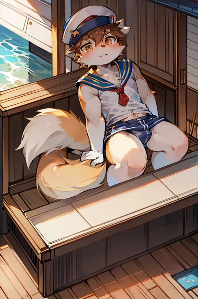 Boat deck,Fox Boy,Male focus,Furry people,Hairy Shota,Characteristics of a three-year-old boy,Height 1.6 m,pupil,Bright Eyes,Sailor hat,White sailor suit,shorts,Not outstanding
