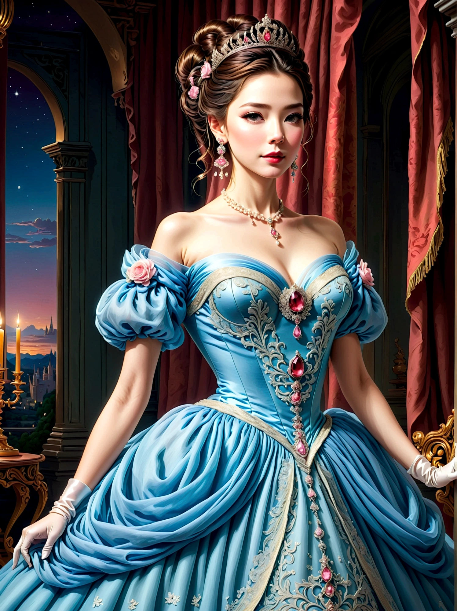 ((masterpiece)),Best quality,absurd,Ultra Detailed,(whole body:1.5),Golden Ratio,Super cute and beautiful Asian idol girl,Very beautiful violet bright eyes,Beautiful colorful shiny brown hair,High Ponytail,good body shape,fit,Perfect body,(Wearing a stately and exquisite royal Cinderella court evening gown:1.5),With huge puff sleeves and hourglass waist,adorned with bows,Embroidery and jewelry,Long white gloves,pearl necklace and earrings,Beautiful hair accessories,(Pink crystal high heels),Dark theme elements, Pencil Sketch