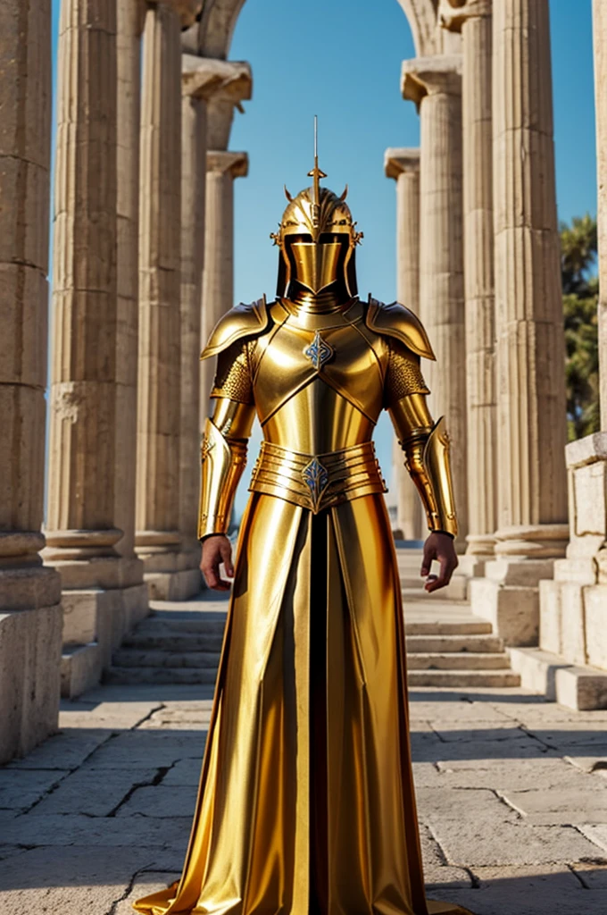 Realistic photo, saint of the cross saint of the cross saint of the cross saint of the cross saint of the cross saint, unreal engine render saint seiya, saint seiya, knights of zodiac girl, golden and copper shining armor, portrait knights of zodiac girl, angelic golden armor, anime character; full body art, wearing shining armor, wearing gold armor, gold armor, Add background of greek temple in the back on a sunny day