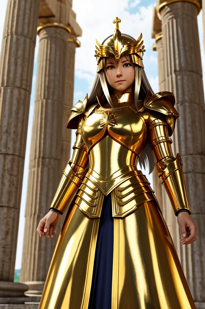 Realistic photo, saint of the cross saint of the cross saint of the cross saint of the cross saint of the cross saint, unreal engine render saint seiya, saint seiya, knights of zodiac girl, golden and copper shining armor, portrait knights of zodiac girl, angelic golden armor, anime character; full body art, wearing shining armor, wearing gold armor, gold armor, Add background of greek temple in the back on a sunny day