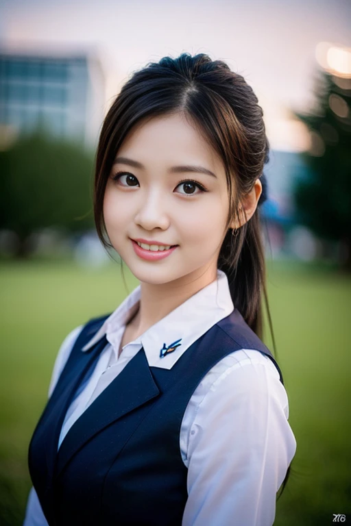 a gorgeous lady, age 22, Flight Attendant uniform, posing naturally under night sky, dimpled smile, short ponytail, cute snaggleteeth, ample round bosom, photorealistic, beautiful detailed eyes, hyper-realism, high contrast, ultra HD, realistic skin textures, top image quality, top-quality, super high resolution, fine details, very meticulously, bokeh background