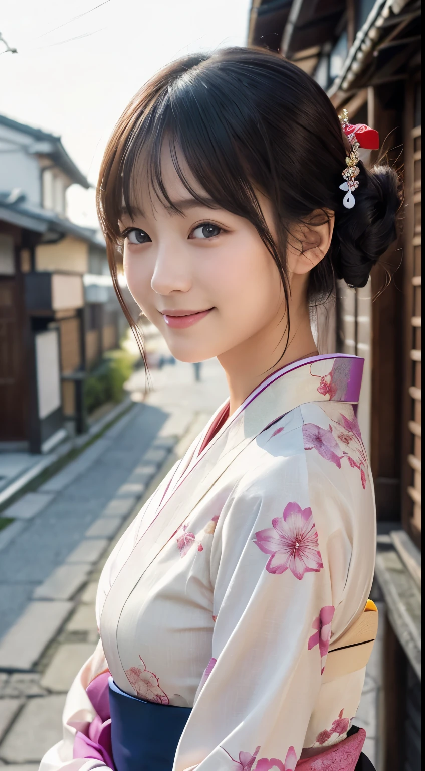 Professional Lighting,(Photorealistic:1.4), (Top image quality:1.0), (超A high resolution:1.0), 8k, Raw photography, (masterpiece:0.2), (Facing the children_v1:0.5)、(最高quality Detail:1.2)、Realistic、8K Ultra HD、High resolution、(1 girl:1.2)、超detailedな、High quality textures、複雑なdetailed、detailed、Very detailed CG、High quality shadows、detailed 美しく繊細な顔、Beautiful details and a delicate eye、(Symmetrical eyes:1.2),Written boundary depth、Ray Tracing,1 girl, Japanese Girls, (Natural smile:1.4),cute, thin, Portrait of a beautiful Japanese woman in a kimono, Standing elegantly on a street corner in Kyoto. Kimono with vibrant traditional patterns, Hair decorated with elegant and delicate hairpins, Gentle expression. (With the old streets of Kyoto in the background:1.4)、The soft light of a spring afternoon、Adding tranquility to the scene. Rendered in a Realistic style with great attention to detail, High resolutionの画像.Sky Porn, Magic Hour, (Realistic:1.3), finely, quality, (Tabletop:1.2), (Realistic:1.2), (最高quality), (複雑なdetailed), dramatic, Ray Tracing, photograph, +roller
