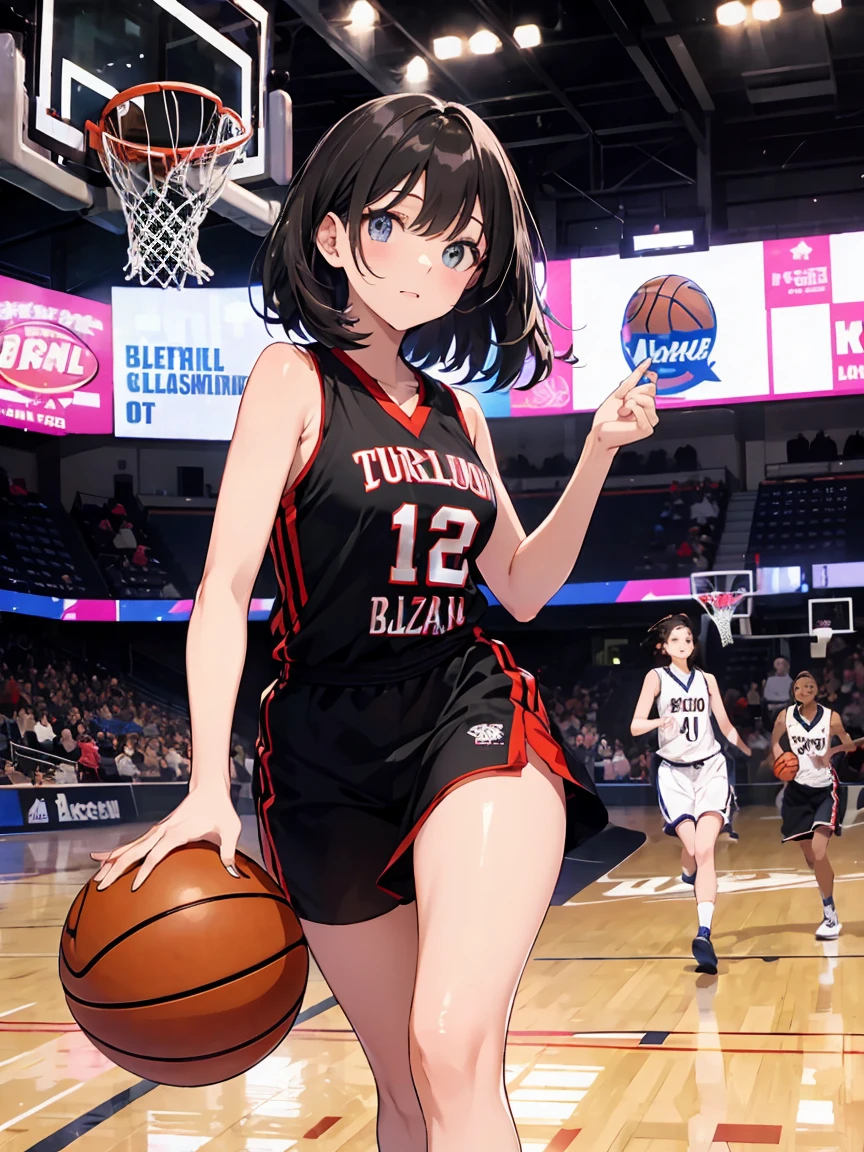 en una chica、divertido、vestido,（small breasts ) , Cabello negro corto, ojos negros, jugando al baloncesto, basketball score A women&#39;s basketball uniform, jersey azul marino ajustado sin mangas, rayas laterales blancas y doradas, white numbers with gold outline, pantalones cortos azul marino a juego, rayas laterales en pantalones cortos, logotipo del equipo en pantalones cortos, serious
