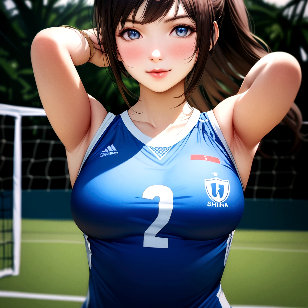 A woman in a blue top is taking a picture, Wearing a volleyball jersey, mayuri shiina, Japanese Model, Cute girl in a tank top, sakimichan HDRI, Wearing a leotard, Upper body close-up, realistic Young Gravure Idol, Nishimiya Shoko, Physically sporty, Young Gravure Idol, Beach Volleyball