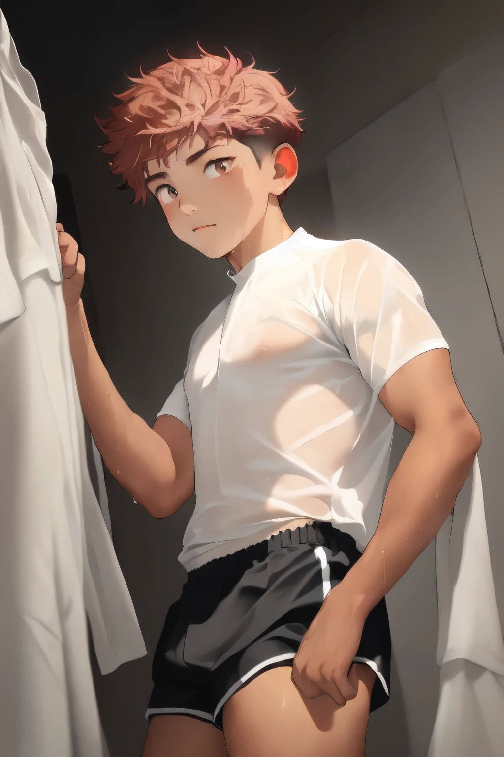 ((1boy:1.28)),((extremely detailed CG unity 8k wallpaper))|game_cg|masterpiece|best quality|illustration|{highres}|beautifully painted|Aestheticism Painting|highly detailed, intense angle,dramatic angle,cinematic highlight,posing,bust,simple background short hair|messy hair|red hair,light yellow eyes|ruby in eyes|beautiful detailed eyes, detailed clothes,detailed face,detailed skin, white sport shirt,wet clothes,wet shirt,see-through shirt,sweat,dark sport shorts