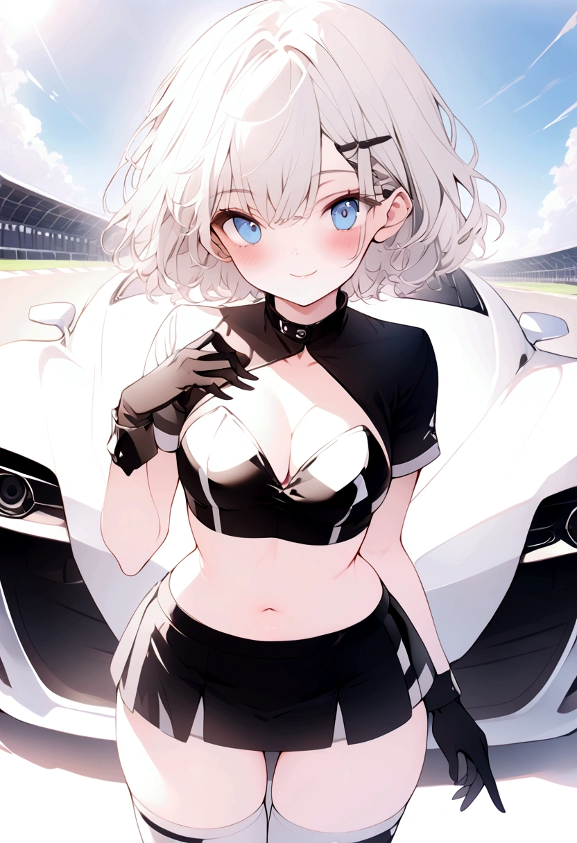 beautiful, masterpiece, Highest quality, anime, One girl, C Cup,Portrait Shot, View your viewers, Covered、Short Hair、nearby、Blue Eyes、art、、White hair,black streaked hair、wallpaper、hairpin、Cute smile、Thighs、navel、Black and White_Open race queen、Black and White_Gloves、Black and White_Knee-high boots、Shooting from an angle、Wave one hand、Cute、Short skirt、Racetrack、Supercar、blue sky、mini skirt