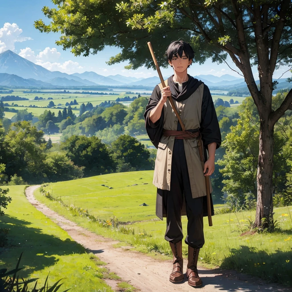 In a green meadow stands black hair boy holding stick of wooden with medieval farmer outfit
BREAK
Behind him, a green forest stretches out and beyond that, mountains rise in the distance.
