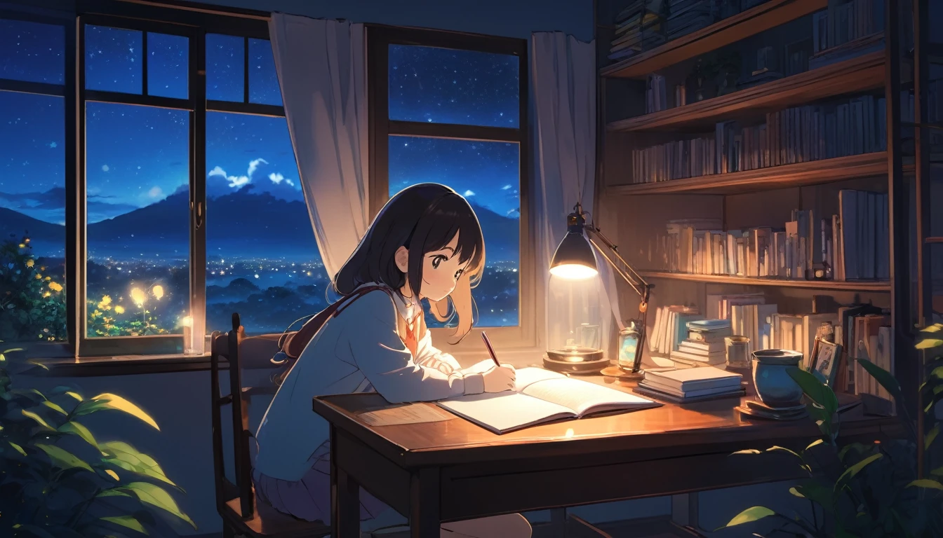 Ghibli style, A girl studying alone at a desk, Night view from the room, A dreamy look outside the window, Cute girl in anime style, Relax in your room, A room filled with warm light