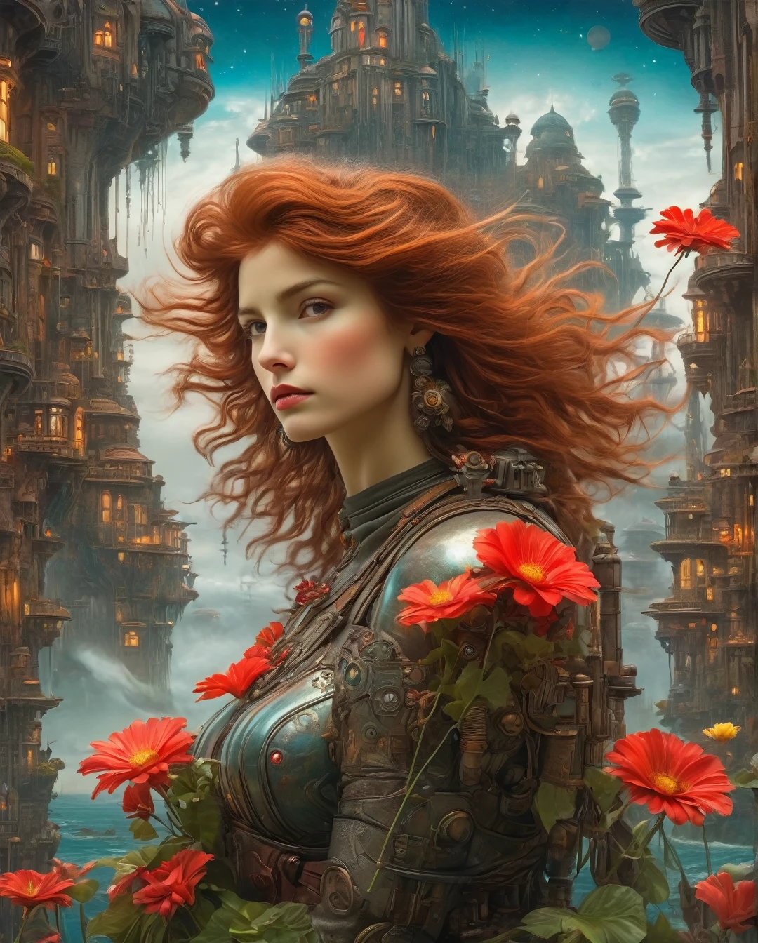 "In the style of John William Waterhouse", Create an image featuring a whimsical scene of alienation. The central character is a melancholic, middle-aged, red-haired woman with an ornate, silver prosthetic arm. She is dressed in a vintage pilot's uniform and holds a bouquet of mechanical flowers. The setting is a floating city above a neon-lit, stormy ocean. The city features towering, futuristic skyscrapers intertwined with massive, ancient trees. The overall art style should be surrealism, capturing the whimsical and alienated mood of the scene."...... (best quality,4k,8k,highres,masterpiece:1.2),ultra-detailed,(realistic,photorealistic,photo-realistic:1.37),alternative reality,telepathic,psychic powers,mind reading,third eye,mind bending,intense gazing,parallel universe,Yoshitaka Amano style,dreamlike,fantasy,vivid colors,soft lighting