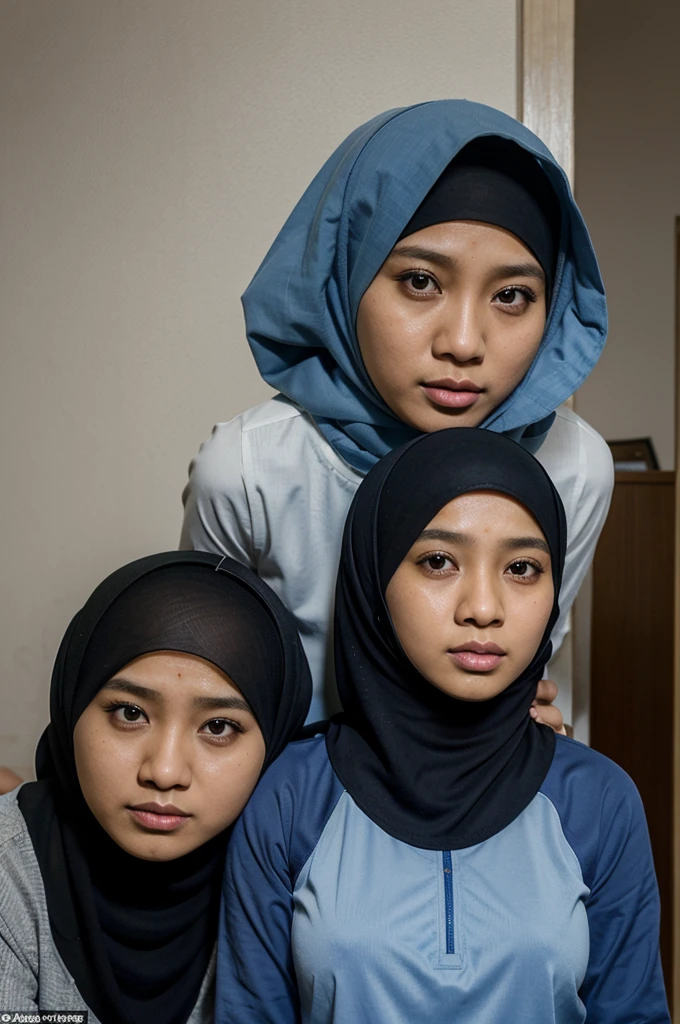 buatkan karikatur 7 orang wanita hijab umur 35 tahun sedang bermain alat musik marawis.dengan pemandangan kota gedung bertingkat cuaca cerah langit biru.fhoto asli realistis