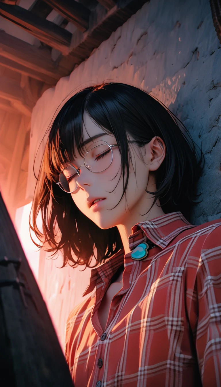 (8K,RAW photos,best quality,masterpiece:1.4),(((Sleeping man))),Ultra-high resolution,Extremely detailed,light,Handsome man,Brown eyes,(delicate eyes,Eyes are bright:1.2),Black hair,Plaid shirt,Dark casual pants with white sneakers,A badge is hung around his neck,(perfect anatomy:1.2),High-quality shadows,Natural Lighting,(The light crimson sky:1.2),night,(Silver thin-rimmed glasses:1.2),(Painful expression:1.2),(Medieval room:1.2),