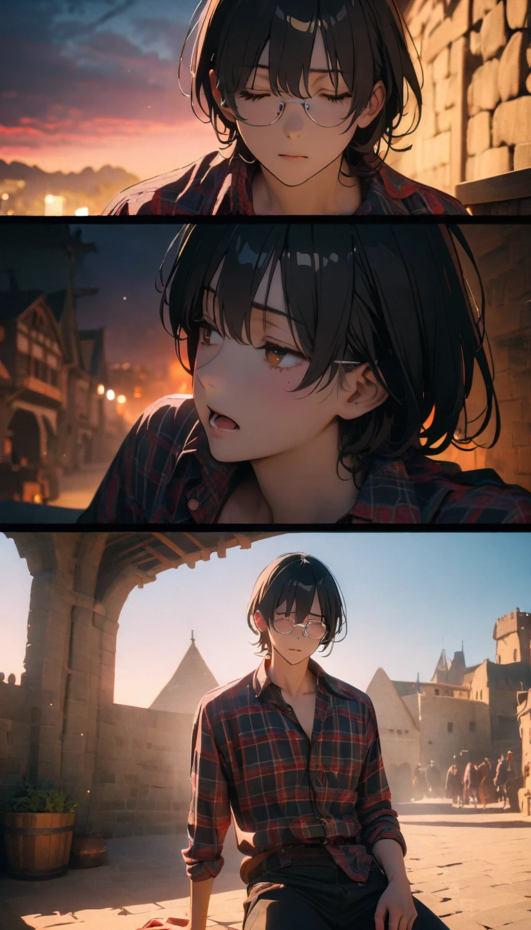 (8K,RAW photos,best quality,masterpiece:1.4),(((Sleeping man))),Ultra-high resolution,Extremely detailed,light,Handsome man,Brown eyes,(delicate eyes,Eyes are bright:1.2),Black hair,Plaid shirt,Dark casual pants with white sneakers,A badge is hung around his neck,(perfect anatomy:1.2),High-quality shadows,Natural Lighting,(The light crimson sky:1.2),night,(Silver thin-rimmed glasses:1.2),(Painful expression:1.2),(Medieval room:1.2),
