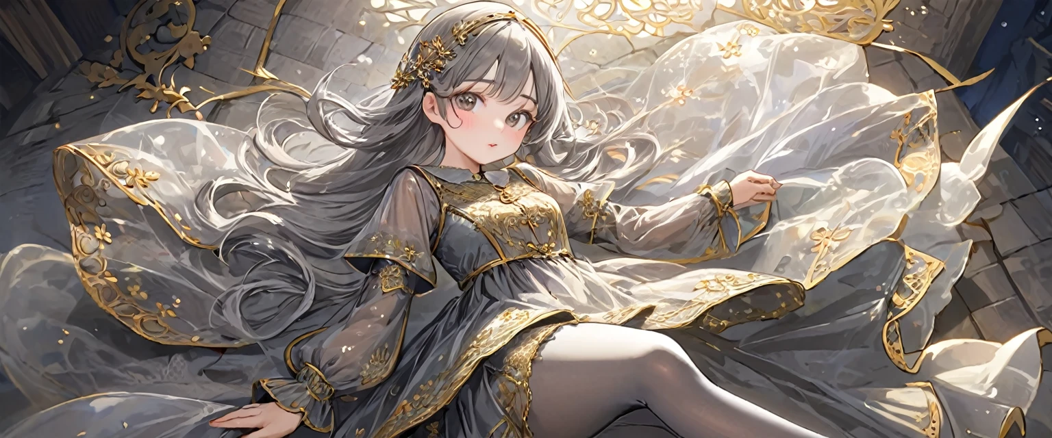 girl, Gold and silver embroidery, Platinum and pearl medieval long dress(With panniers), Translucent fabric, Pull up the dress by hand, Strong winds, Translucent slip, Grey translucent tights, 8歳のgirl, Gold and silver embroidery, medieval mini dress(With panniers), Translucent fabric, Pull up your skirt, Strong winds, Translucent slip, Grey translucent tights, Peeking from below, Highest quality, Disorder of clothing, Lying down, underwear, Show off your thighs, night, Skirt lining