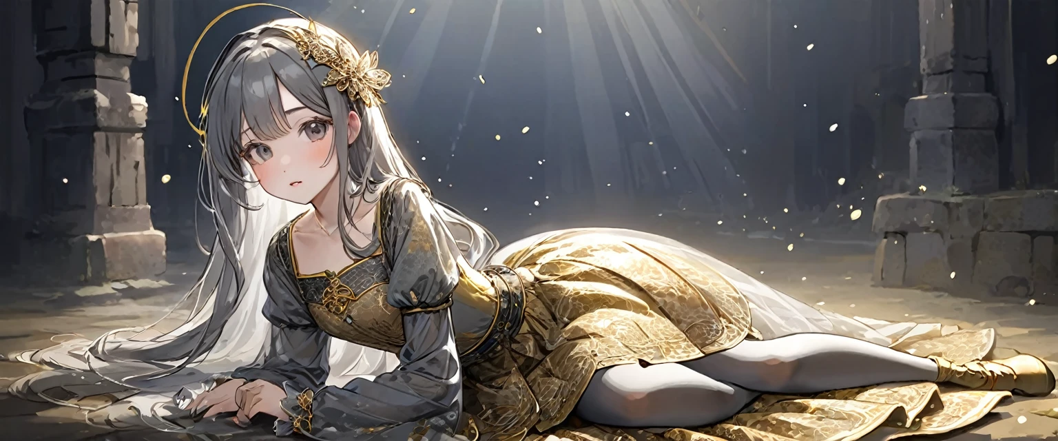girl, Gold and silver embroidery, Platinum and pearl medieval long dress（With panniers）, Translucent fabric, Pull up the dress by hand, Strong winds, Translucent slip, Grey translucent tights, ８歳のgirl, Gold and silver embroidery, medieval mini dress（With panniers）, Translucent fabric, Pull up your skirt, Strong winds, Translucent slip, Grey translucent tights, Peeking from below, Highest quality, Disorder of clothing, Lying down, underwear, Show off your thighs, night, Skirt lining