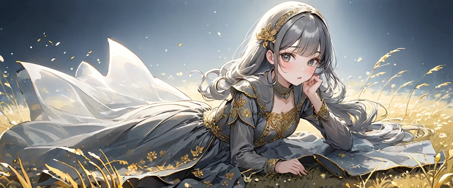 girl, Gold and silver embroidery, Platinum and pearl medieval long dress(With panniers), Translucent fabric, Pull up the dress by hand, Strong winds, Translucent slip, Grey translucent tights, 8歳のgirl, Gold and silver embroidery, medieval mini dress(With panniers), Translucent fabric, Pull up your skirt, Strong winds, Translucent slip, Grey translucent tights, Peeking from below, Highest quality, Disorder of clothing, Lying down, underwear, Show off your thighs, night, Skirt lining
