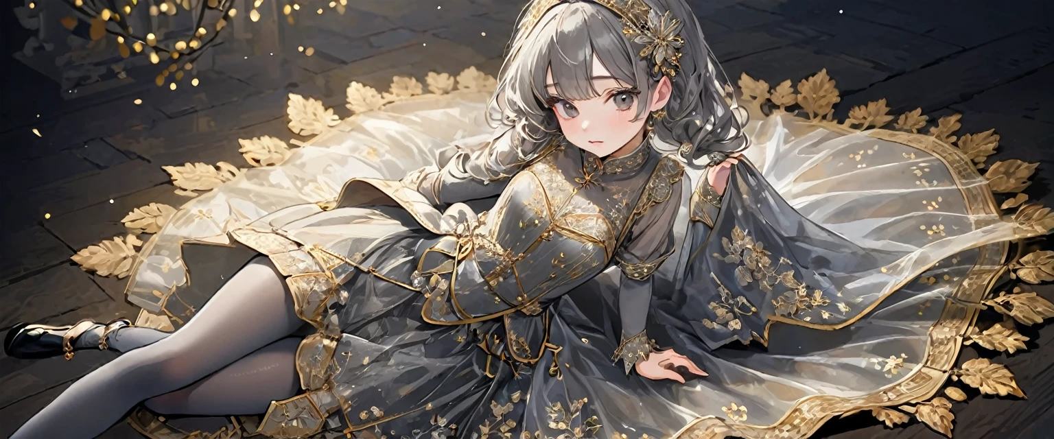 girl, Gold and silver embroidery, Platinum and pearl medieval long dress(With panniers), Translucent fabric, Pull up the dress by hand, Strong winds, Translucent slip, Grey translucent tights, 8歳のgirl, Gold and silver embroidery, medieval mini dress(With panniers), Translucent fabric, Pull up your skirt, Strong winds, Translucent slip, Grey translucent tights, Peeking from below, Highest quality, Disorder of clothing, Lying down, underwear, Show off your thighs, night, Skirt lining
