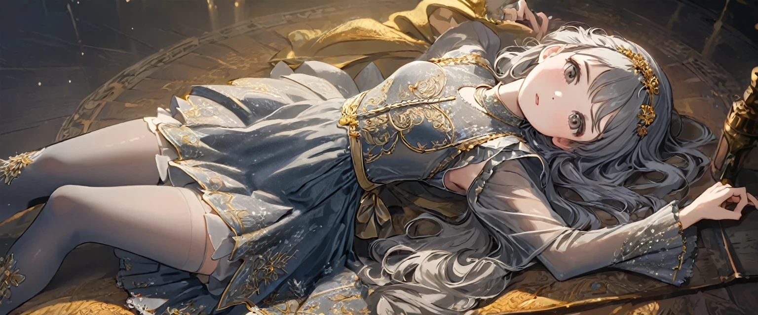 girl, Gold and silver embroidery, Platinum and pearl medieval long dress（With panniers）, Translucent fabric, Pull up the dress by hand, Strong winds, Translucent slip, Grey translucent tights, ８歳のgirl, Gold and silver embroidery, medieval mini dress（With panniers）, Translucent fabric, Pull up your skirt, Strong winds, Translucent slip, Grey translucent tights, Peeking from below, Highest quality, Disorder of clothing, Lying down, underwear, Show off your thighs, night, Skirt lining